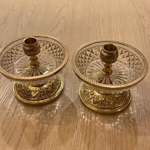 PAIR OF DORE BRONZE AND BACCARAT CRYSTAL CANDEL HOLDERS
